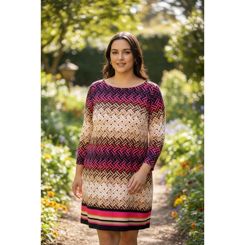 Eliza J Women's‎ Size 12 Pink Geometric Basketweave Sheath Dress 3/4 Sleeve
